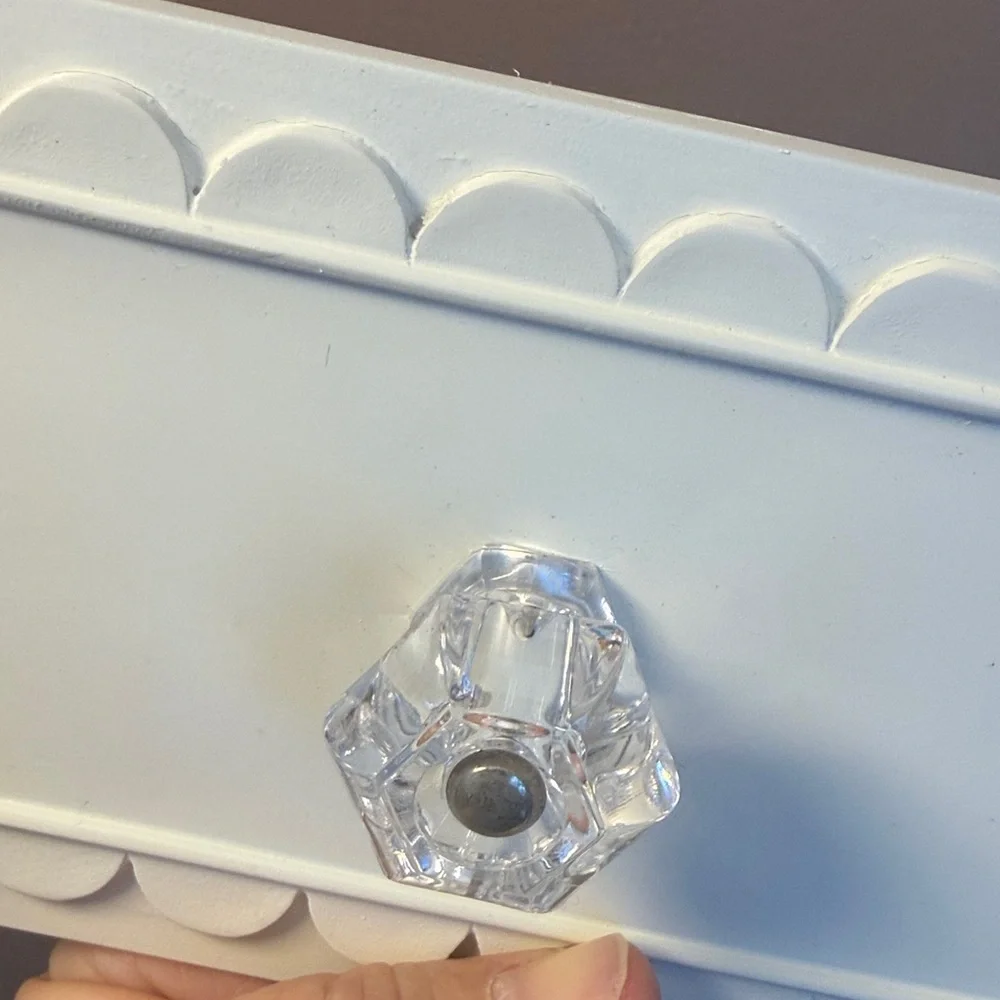 Coat/Hat Rack-scalloped whiteboard w/3 acrylic glass look knobs Restore& Restyle